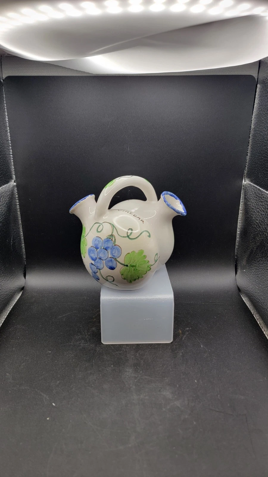 Hand Painted Italian Double Cruet Oil Vinegar Set Ceramic Grapes Pear Olio Aceto