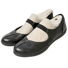 Earth Origins Florence Leather Mary Janes Black w Laser Cut Floral Slip On Shoes