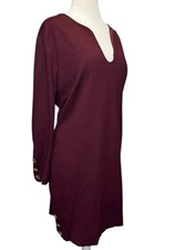 Trina Turk Shiraz Dress 16 Maroon Red Gold Button Stretch Long Sleeve Career