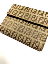 FENDI VINTAGE ZUCCHINO FF CANVAS LEATHER WALLET TRIFOLD ZUCCA LOGO ITALY BROWN