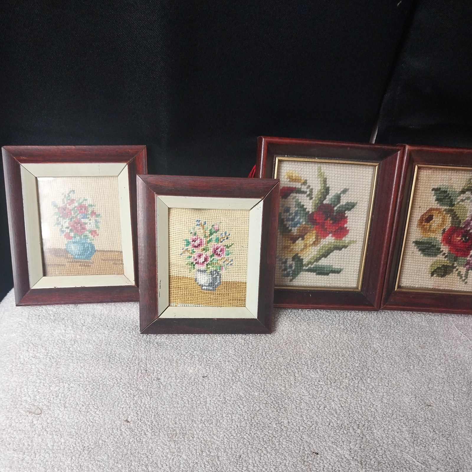 Vintage Needlepoint Framed Floral Pictures Set/2 Completed 6 x 5  2 need fix