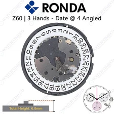 Genuine Ronda Z60 Watch Movement Swiss Parts 3 Hands, Date at 4 Angled