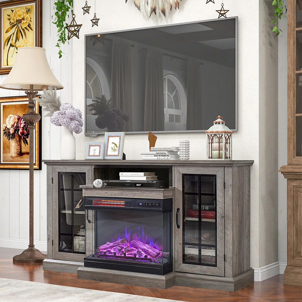 Grey wood tv stand with fireplace deals