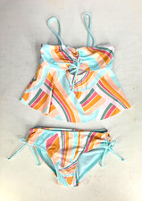 Wonder Nation Girls Small Aqua Striped 2-Piece Cinched Tankini Swimsuit New