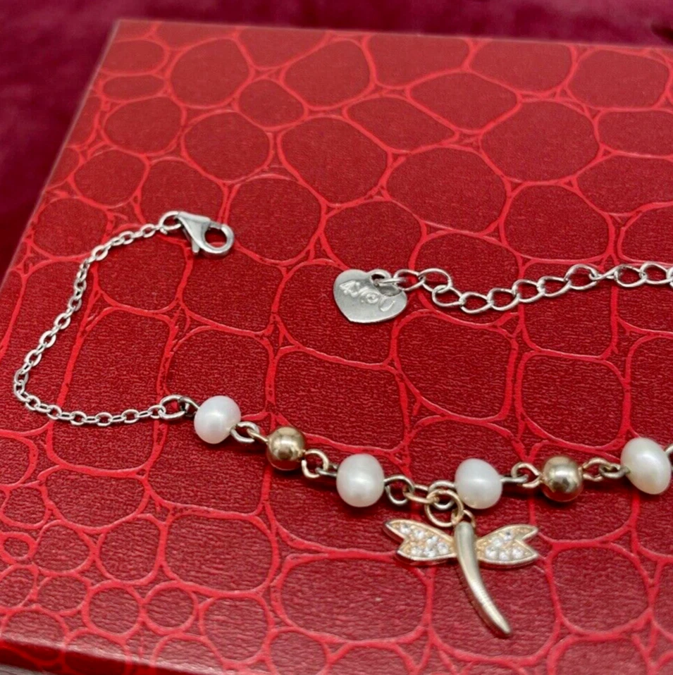 Bracciale femminile argento 925 ramato farfalla perle naturali misura regolabile - Immagine 3 di 4