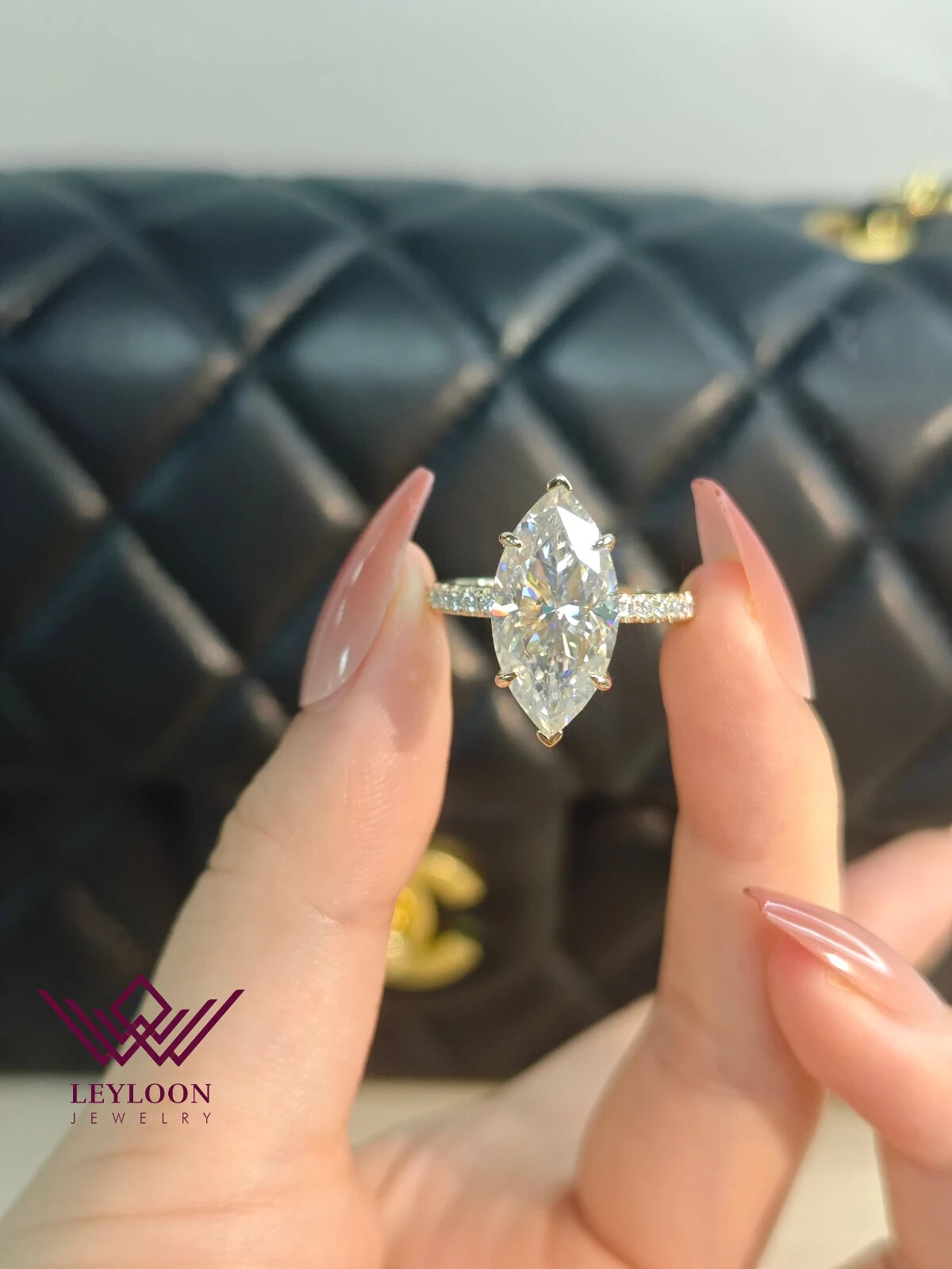 8 Carat Brilliant Marquise Cut DEF Colorles Hidden Halo 14K Gold Moissanite Ring