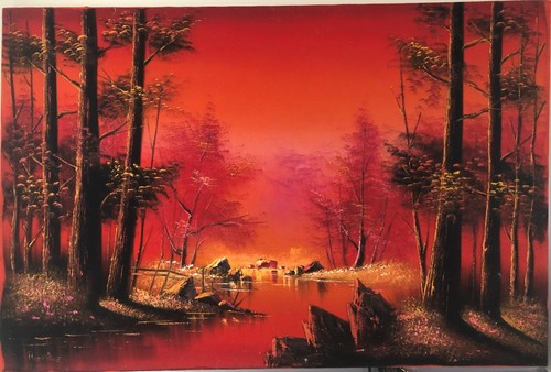 Cececilia CeCe Rodriguez Hawaiian Red Velvet Painting 24" x 36" River in Woods