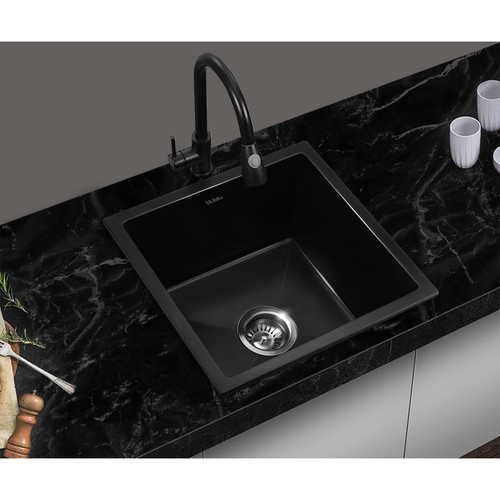 Welba Kitchen Sink Stone Sink Granite Laundry Basin Single Bowl 45cmx45cm Black - Picture 2 of 11