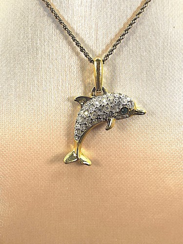  SWAROVSKI 18K GP CHAIN NECKLACE CRYSTAL RHINESTONE UNSIGNED DOLPHIN PENDANT - Picture 2 of 6