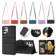For Samsung S24 Ultra S23 S21+ S22 Crossbody Shoulder Leather Wallet Stand Case