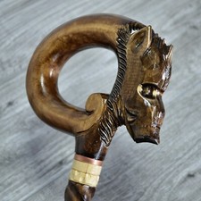Cane Walking Stick Wooden carved Handmade custom collectible - Boar