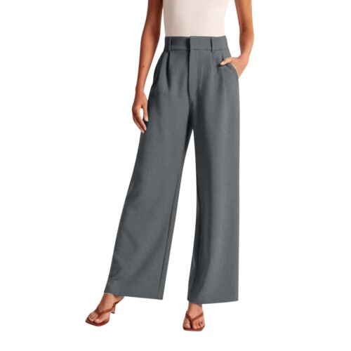 Womens Business Pants Wide Leg High Waisted Capris Straight Long Work Trousers - Picture 4 of 60