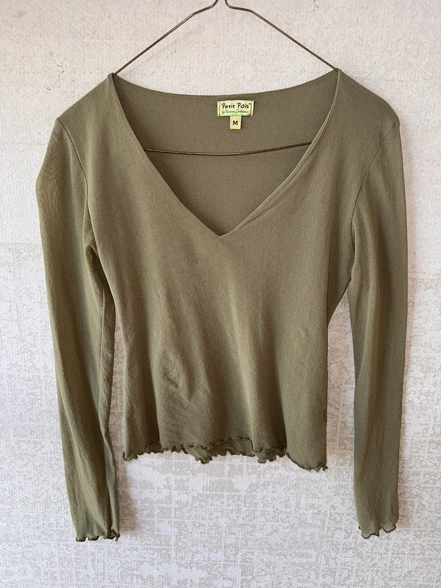 Vintage Y2K Petit Pois Crop Mesh V Neck Long Sleeve Moss Green M Stretch Fairy
