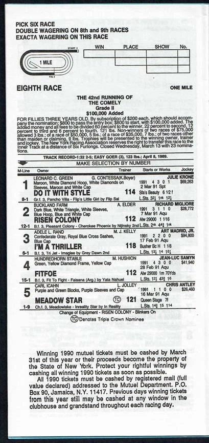 CHAMPION MEADOW STAR IN 1991 COMELY STAKES HORSE RACING PROGRAM FROM AQUEDUCT! - Image 2 of 2