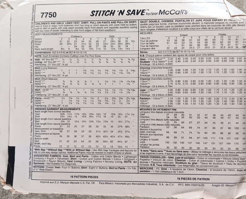 Easy Stitch n Save 7750 McCall's Vest Shirt Pants Skirt Childrens Size 2-14 - Image 3 of 3