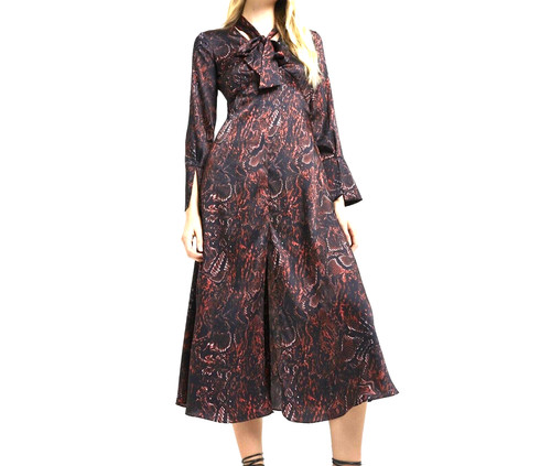 NWT River Island Womens Red Tie Neck Midi Dress 12 Snake Skin Satin Long Sleeve