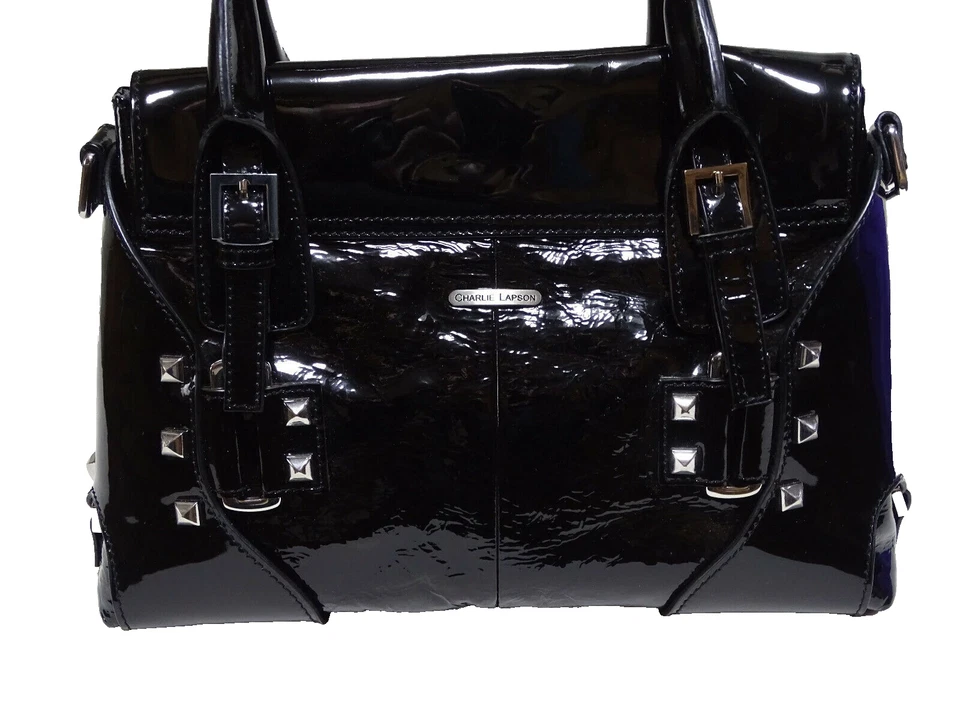 Charlie Lapson Tote Hand Bag Black Patent Studded — 第 3/4 张图片