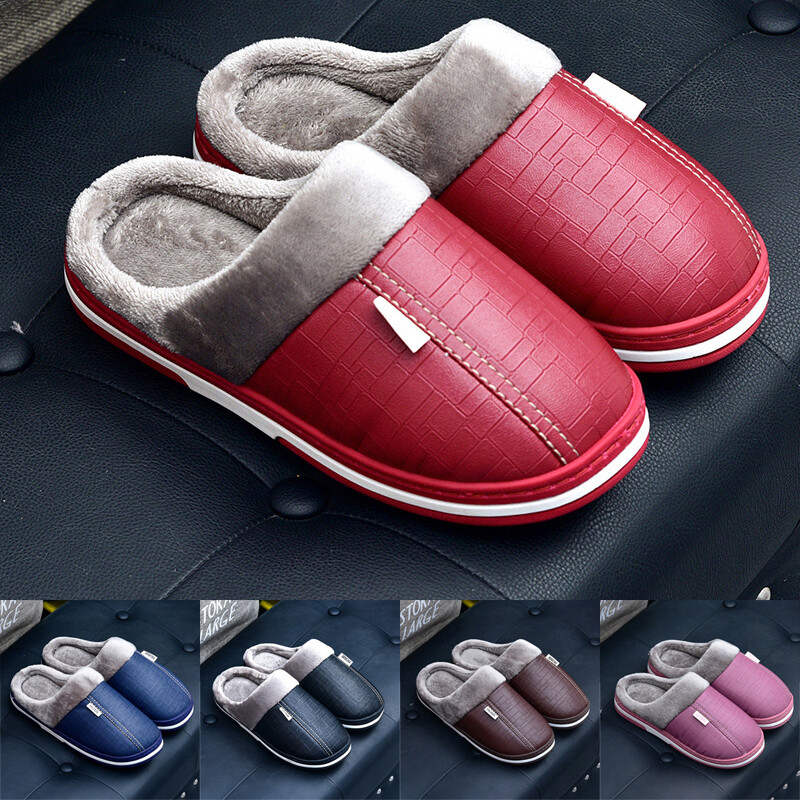 Women's Men's Winter Slippers PU Warm Soft Plush Indoor Home Bedroom Shoes