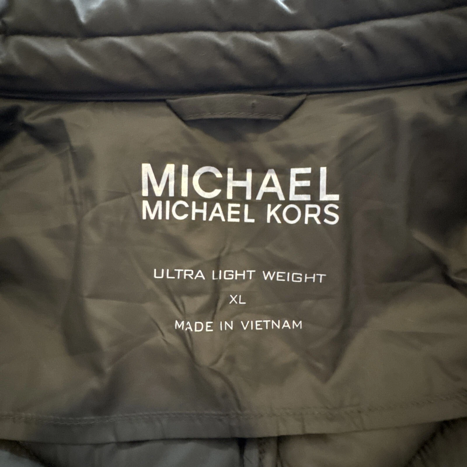 Cappotto caldo Michael Kors MK donna muschio scuro leggero con cappuccio XL nuovo