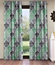2 Pieces Moroccan Motif Eyelet Glace Cotton Window Curtains 5Ft - Green