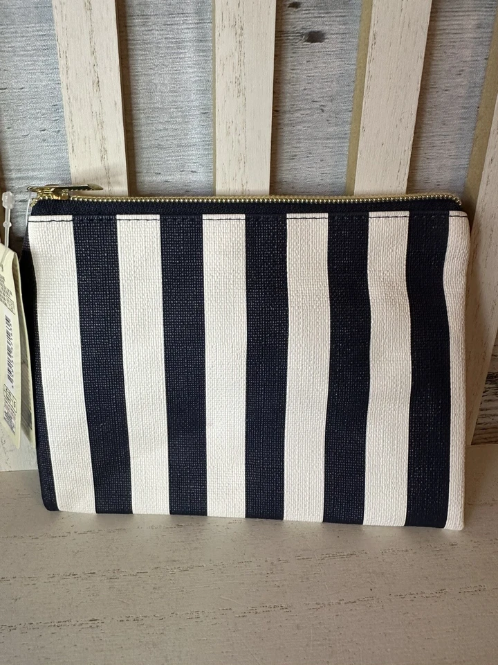 Daiso Navy White Striped Flat Pouch Purse NWT Nautical Small Travel Makeup Bag - Image 4 of 4