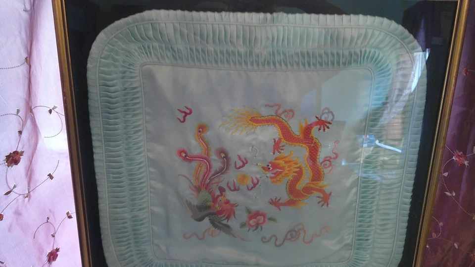 "Antiguo textil asiático bordado de seda - enmarcado profesionalmente 22"" - vibrante" Foto 2 de 4