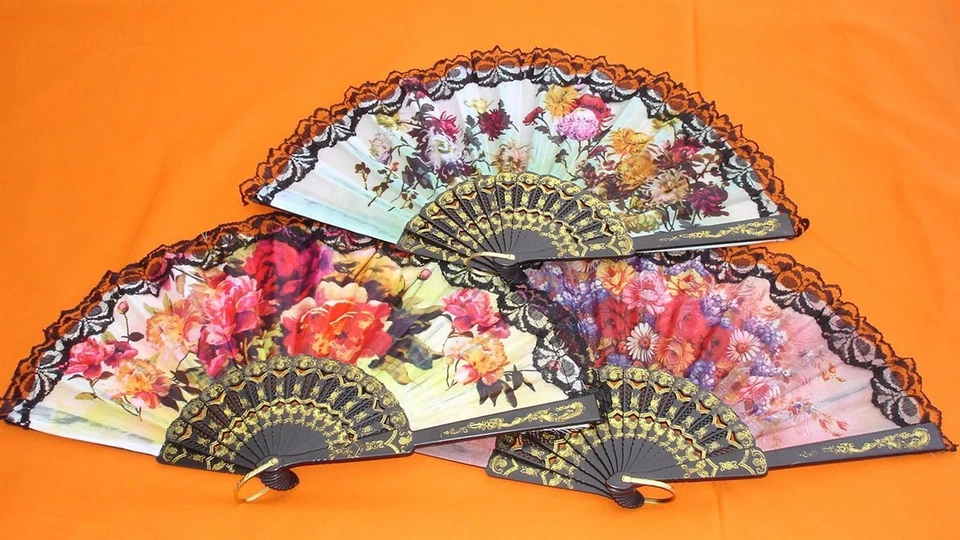 020, 3 scomparti danza flamenco spagnolo mano vento estate fiori pizzo - Immagine 2 di 4