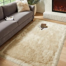Faux Fur Sheepskin Rug for Living Room, 4 x 6 ft Beige Fluffy Area Rug for Be...