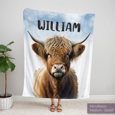 Highland Cow Blanket, Personalized Fleece Throw, Farm Nursery Kids Baby Gift