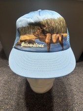 Vintage Yellowstone Park Trucker Hat Elk Snapback Cap Blue