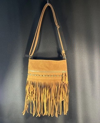 NICE Camel Brown Fringe Suede Crossbody Or Purse Bag 11x10x3 Gold Accent /Womens