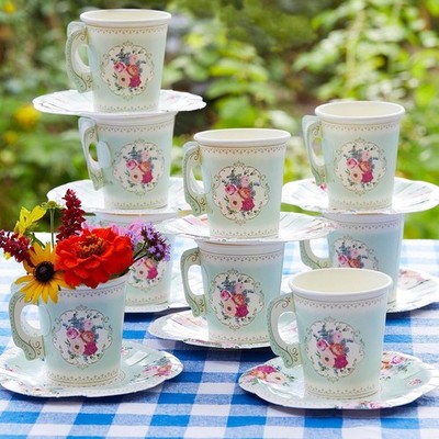 Talking Tables 24 X 6Oz Disposable Tea Cups Saucers Set Vintage Floral Paper