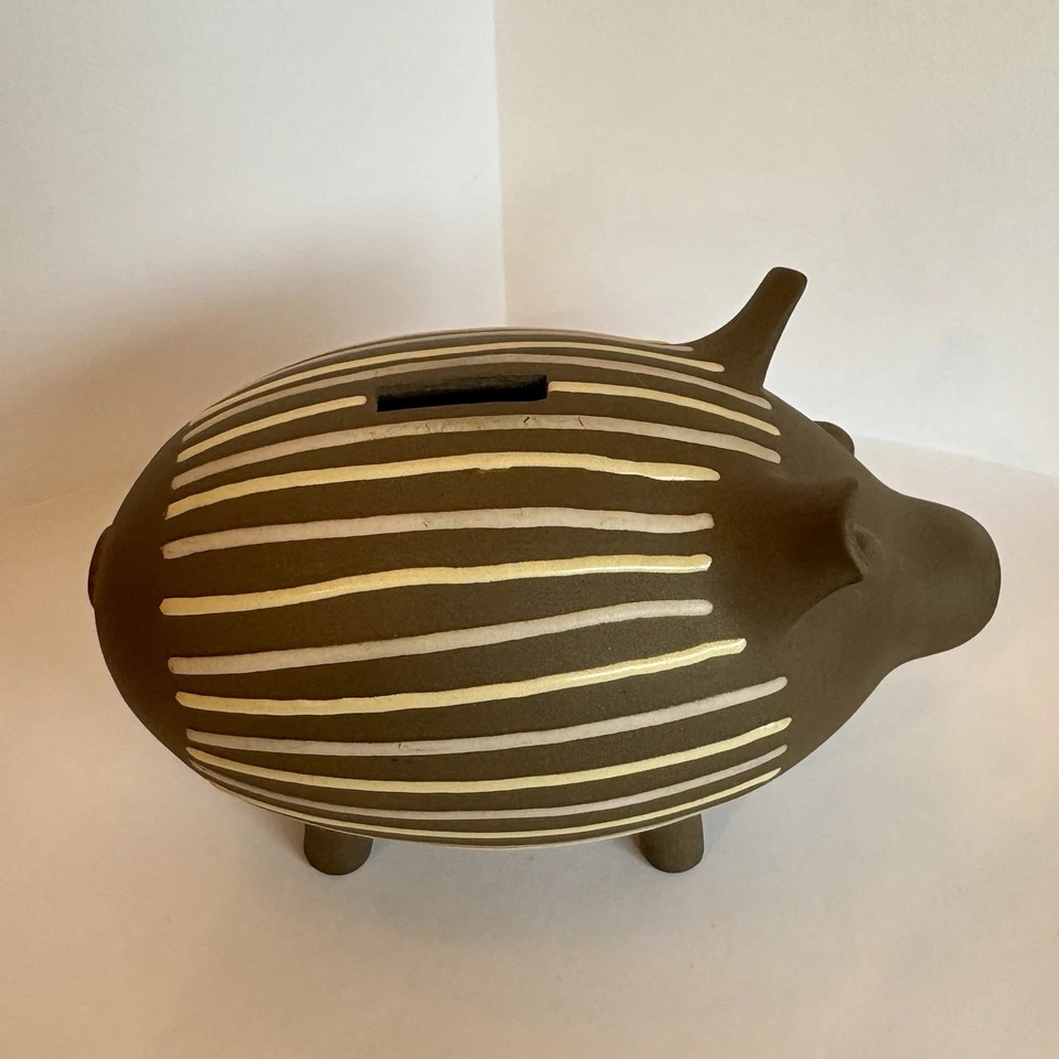 RARE Vintage Jonathan Adler Brown Clay Striped Piggy Bank - Benefits Charity - Image 2 of 4