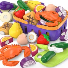 Cutting Play Food Toys Set with Grocery Basket