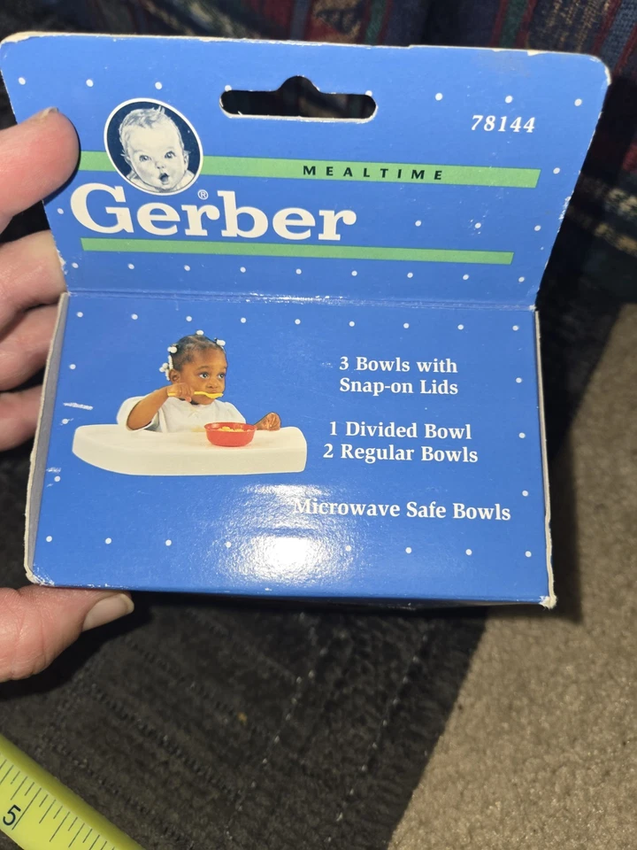 Contenedor de viaje Gerber Mealtime 3 cuencos con tapas a presión vintage nuevo en caja Foto 3 de 4