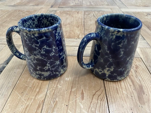 Bennington Pottery Spongeware Blue Agate Coffee Mugs Pair