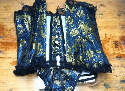 Korsett Corsage Brokat Gold Blau Schwarz Gr. 42 2XL - 4XL mit Tanga Slip