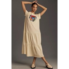Farm Rio Oversized Short Sleeve Tiered T Shirt Midi Dress Ivory Size Small NWT