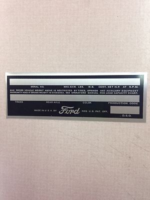 1953 1954 1955 1956 FORD PICKUP TRUCK DATA PLATE TAG STAMPED