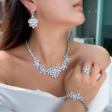 Dazzling Silver Plated Green Cubic Zirconia Leaf Design Women Bridal Jewelry Set