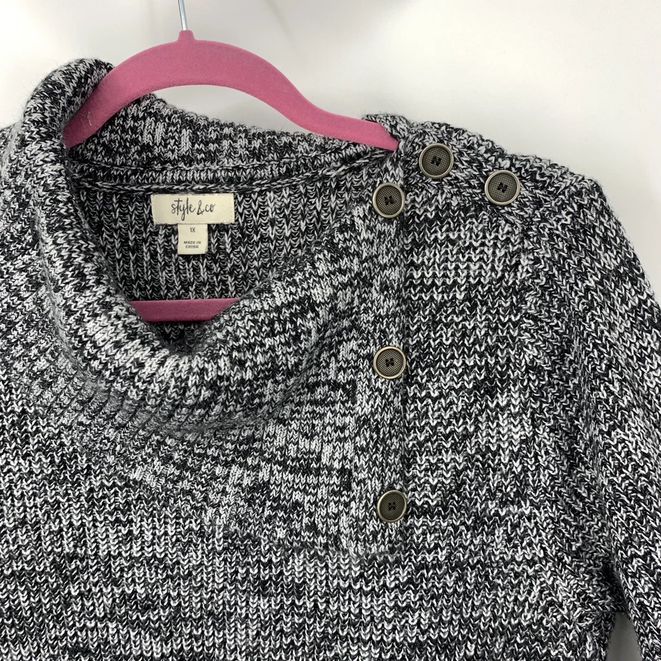 Pulôver Style Co feminino 1X suéter derramado gola capuz cinza preto malha marmorizada - Imagem 2 de 4