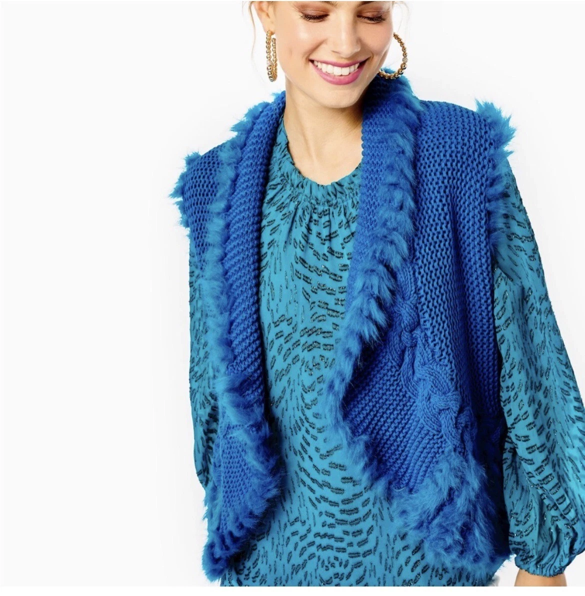 Lilly Pulitzer NWT Torini Faux Fur Sweater Vest Teal Bay 258 Size
