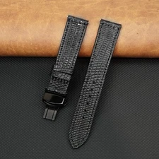21mm Black Flat Lizard Leather Watch Band Black Deployment Buckle Gift for Men