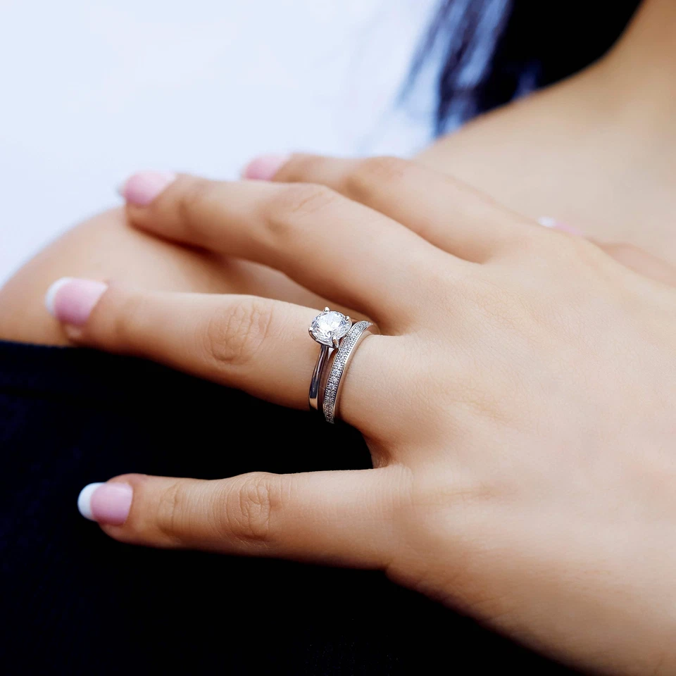 925 Sterling Silver Women's Cubic Zirconia Eternity Engagement Wedding Ring Set - Image 4 of 4