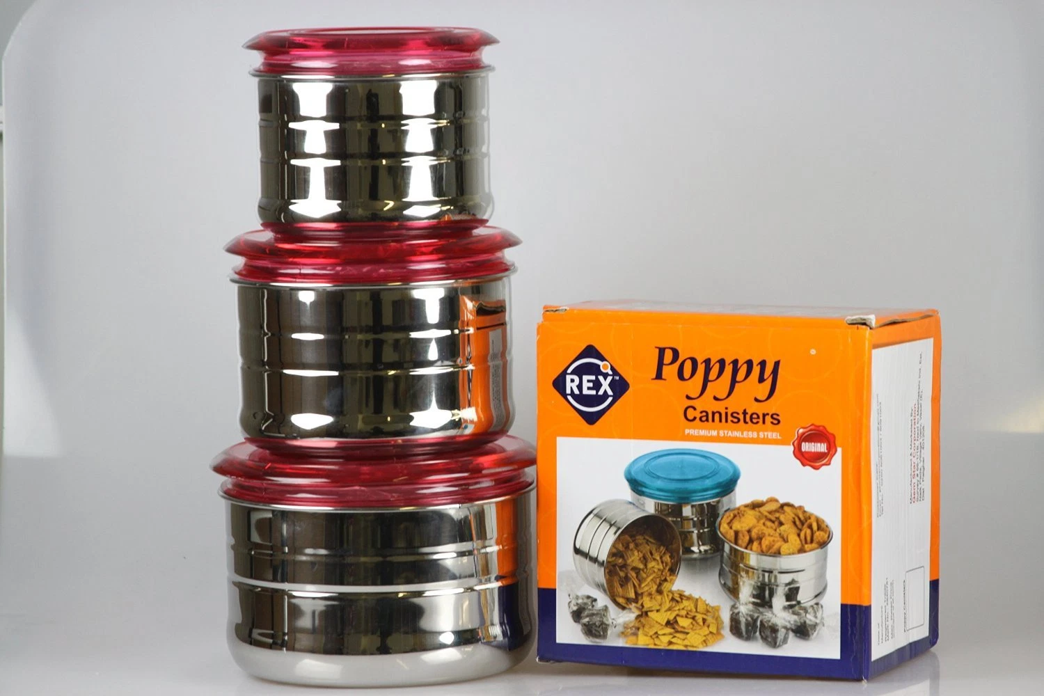 Stainless Steel Canisters 3pc set (13,15 & 18cm) Blue or Red Lid Tin Camping