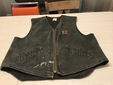 Vintage Carhartt Duck Canvas Sherpa Lined Green Vest V13 MOS X Large THRASHED