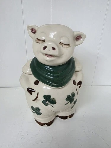 Vintage Shawnee USA Pottery Smiley The Pig Cookie Jar Green Bandanna  Shamrock