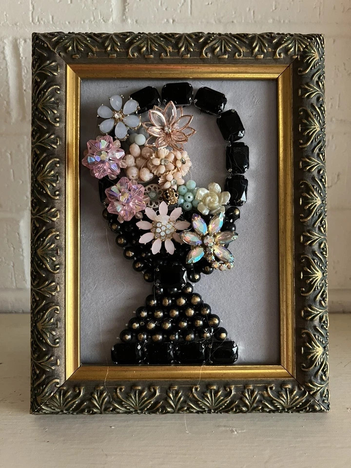 Vintage Contemporary jewelry art framed OOAK handmade shabby chic cottagecore