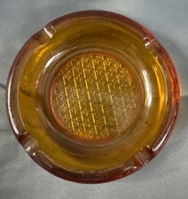 Ashtray - 6" Amber Glass - Vintage - Crosshatch Diamond - Mid Century Modern