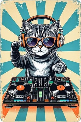Cute DJ Cat Headphone Sunglasses Tin Metal Signs Home Décor Poster Wall Art Plaq